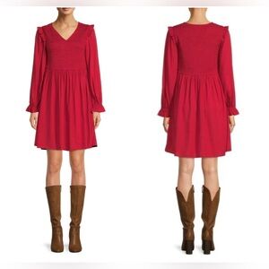 Beach Lunch Lounge Long Sleeve Smocked Babydoll Red A-line Dress V-neck Boho XXL